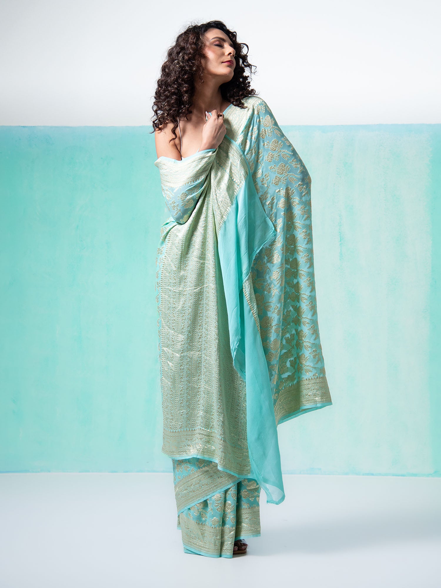Aqua Blue Jaal Khaddi Georgette Handloom Banarasi Saree - Sacred Weaves