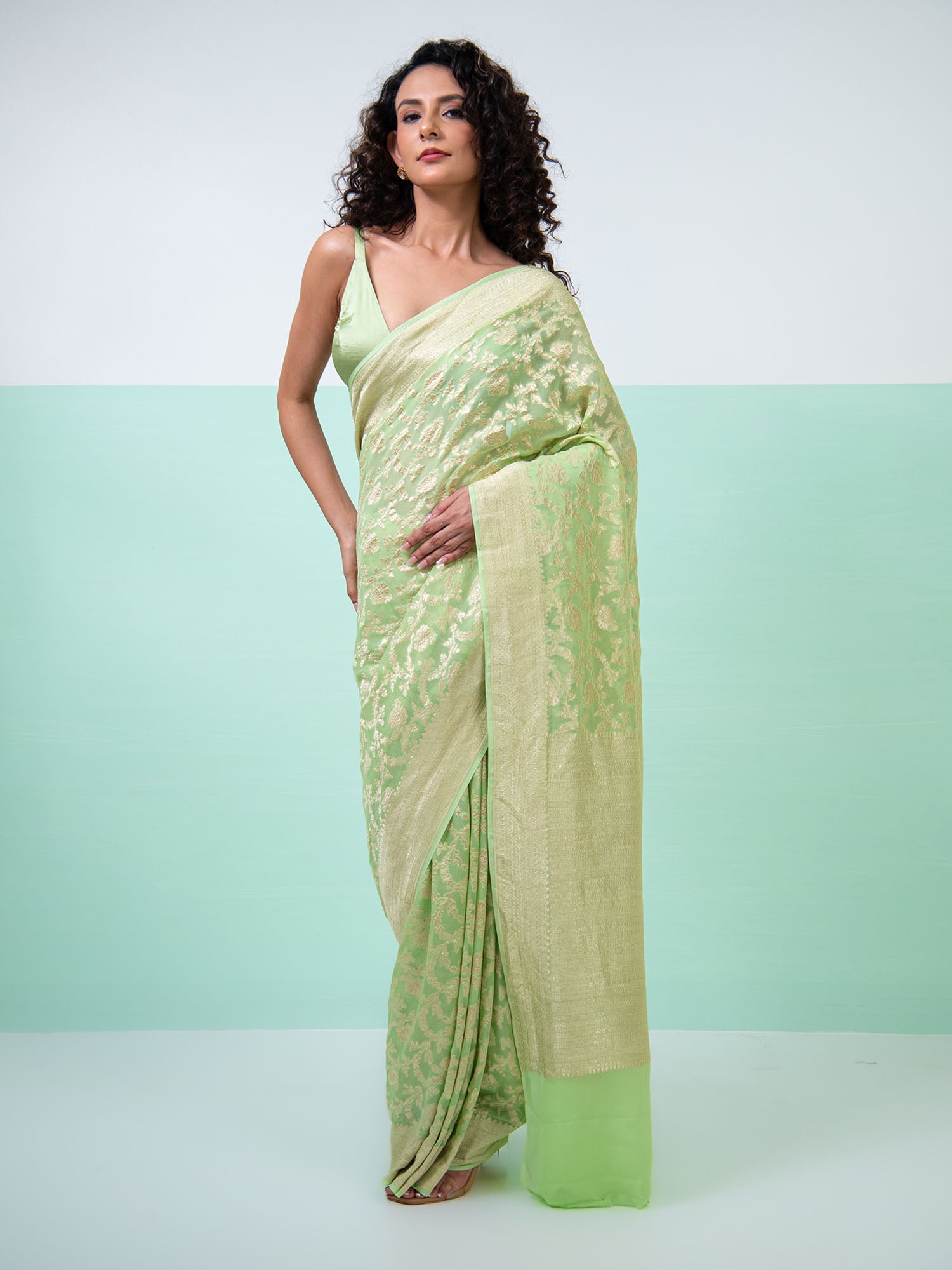 Pista Green Jaal Khaddi Georgette Handloom Banarasi Saree - Sacred Weaves