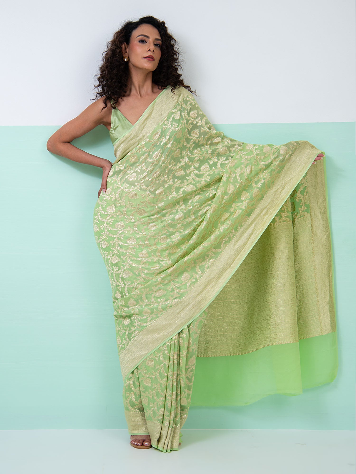 Pista Green Jaal Khaddi Georgette Handloom Banarasi Saree - Sacred Weaves