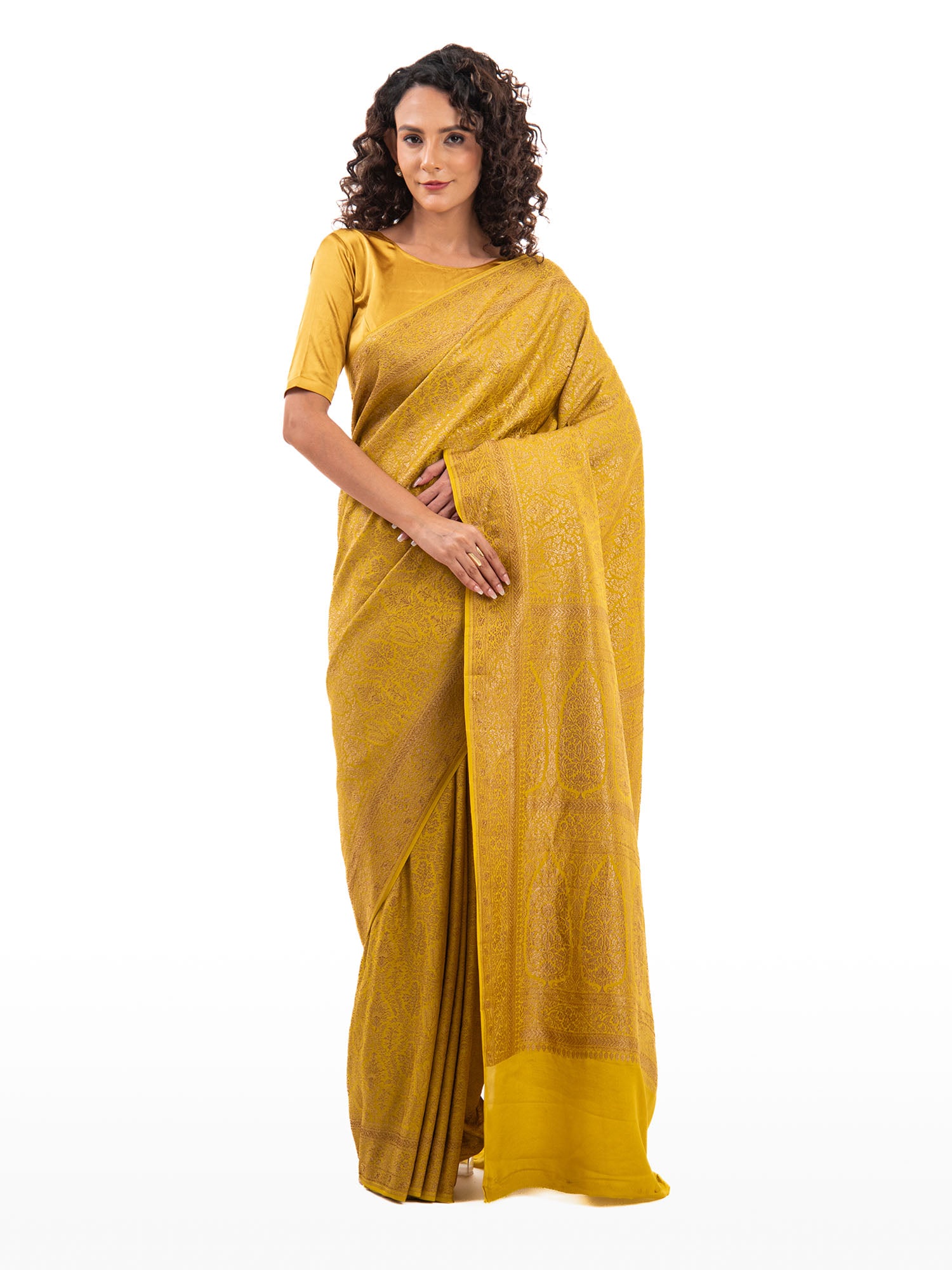 Lime Yellow Jaal Crepe Silk Handloom Banarasi Saree - Sacred Weaves