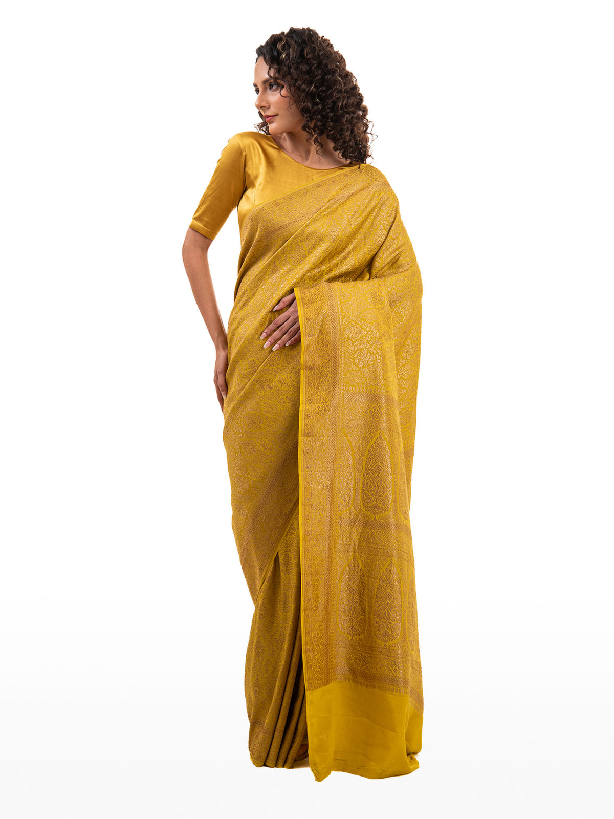 Lime Yellow Jaal Crepe Silk Handloom Banarasi Saree - Sacred Weaves