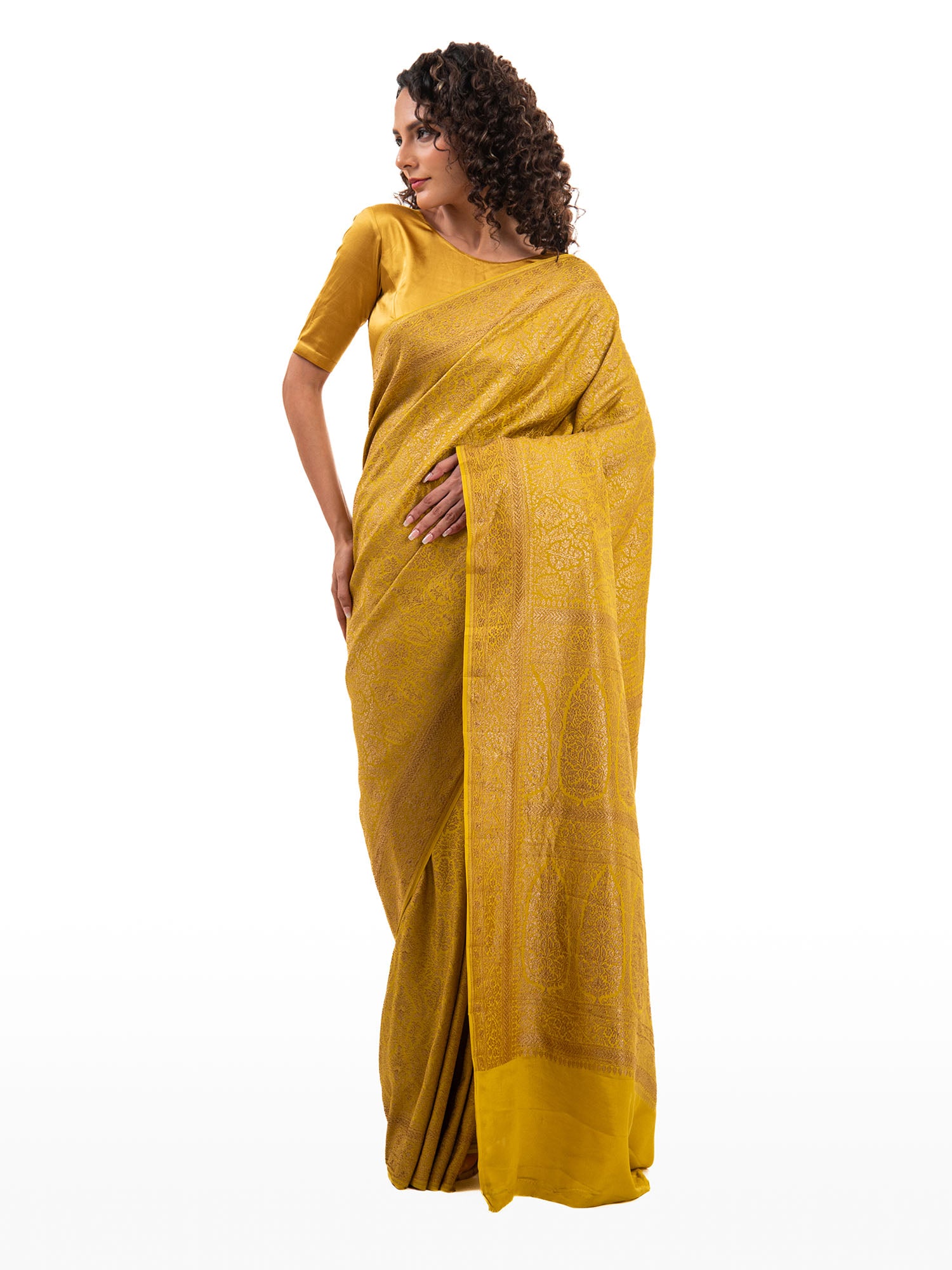 Lime Yellow Jaal Crepe Silk Handloom Banarasi Saree - Sacred Weaves