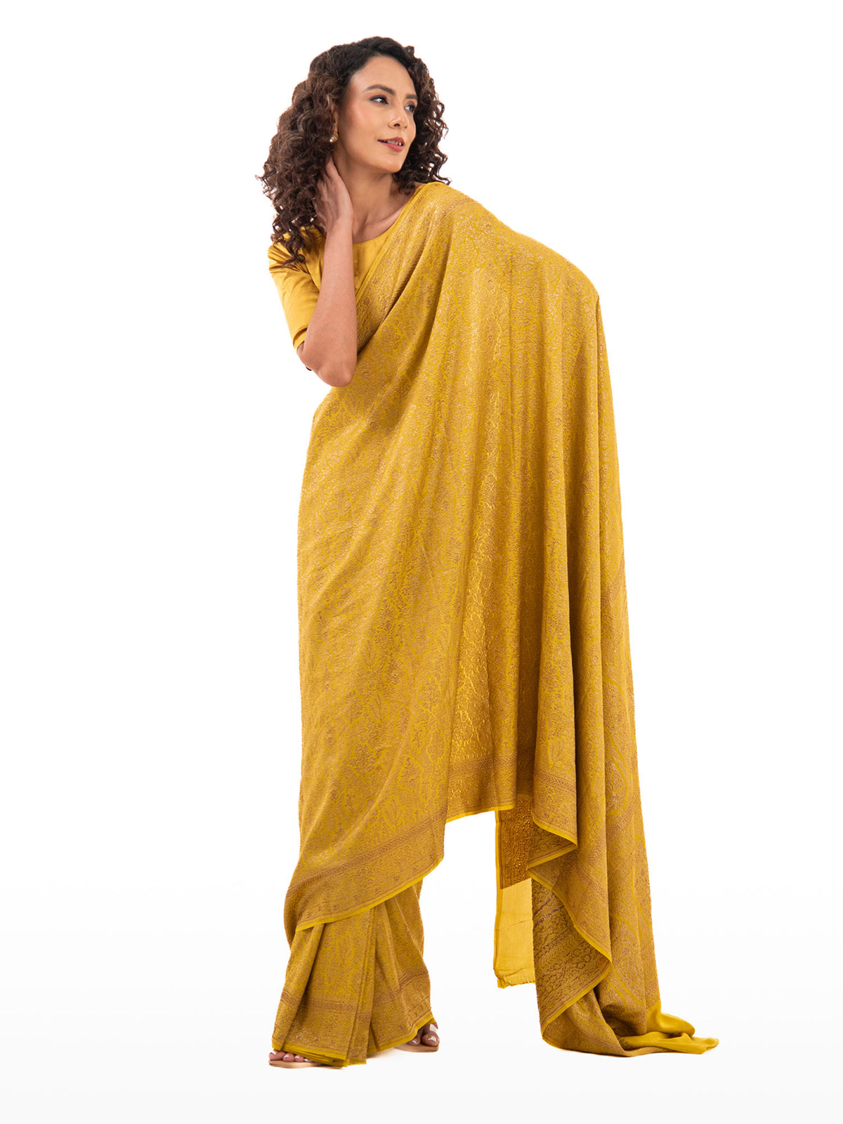 Lime Yellow Jaal Crepe Silk Handloom Banarasi Saree - Sacred Weaves