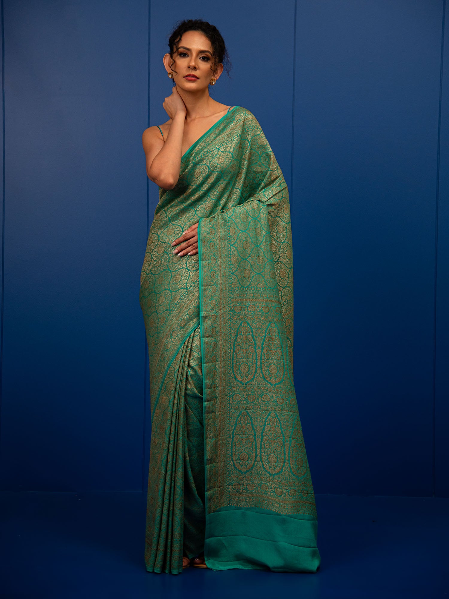 Teal Jaal Crepe Silk Handloom Banarasi Saree - Sacred Weaves