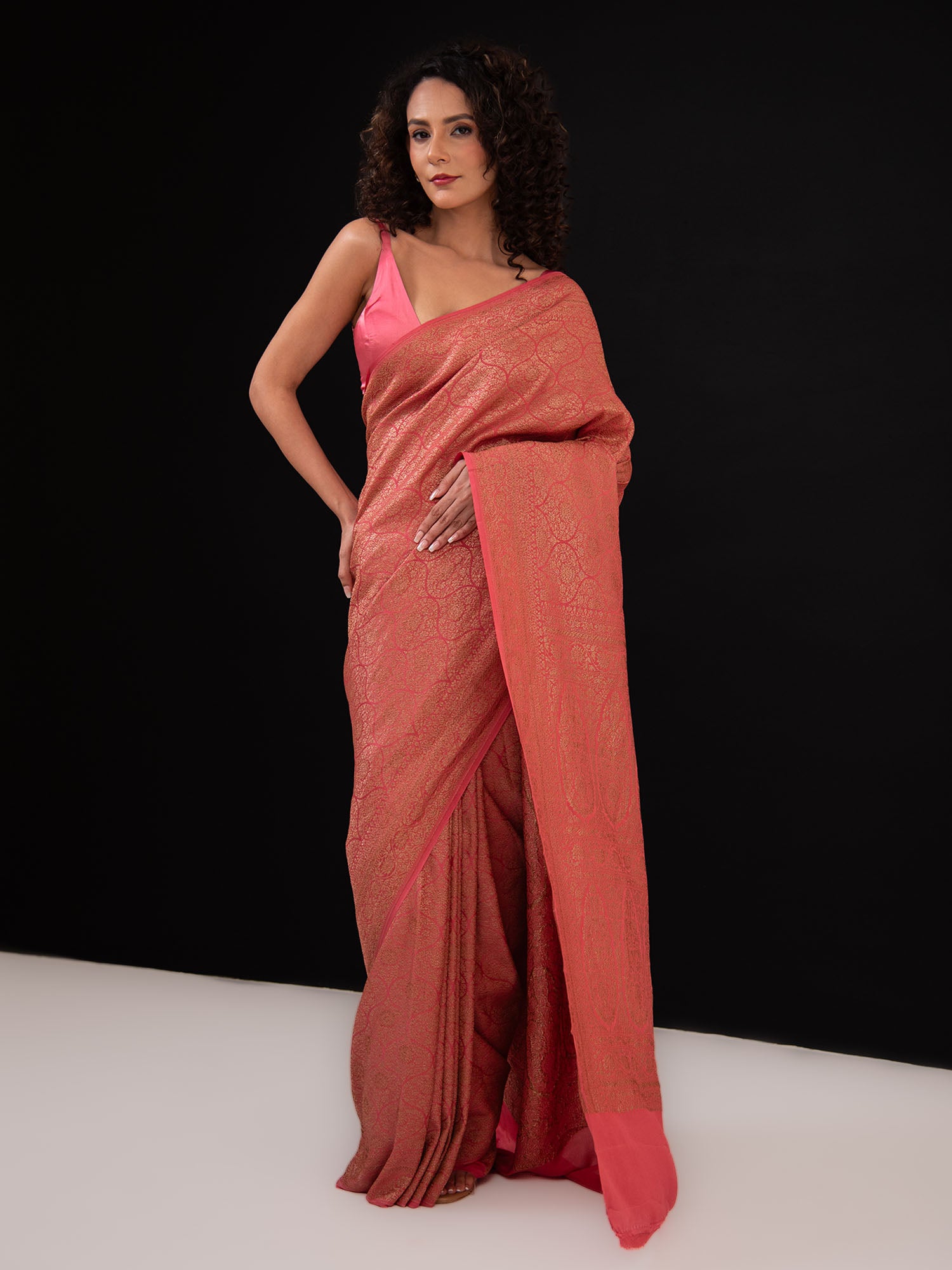 Pastel Pink Jaal Crepe Silk Handloom Banarasi Saree - Sacred Weaves