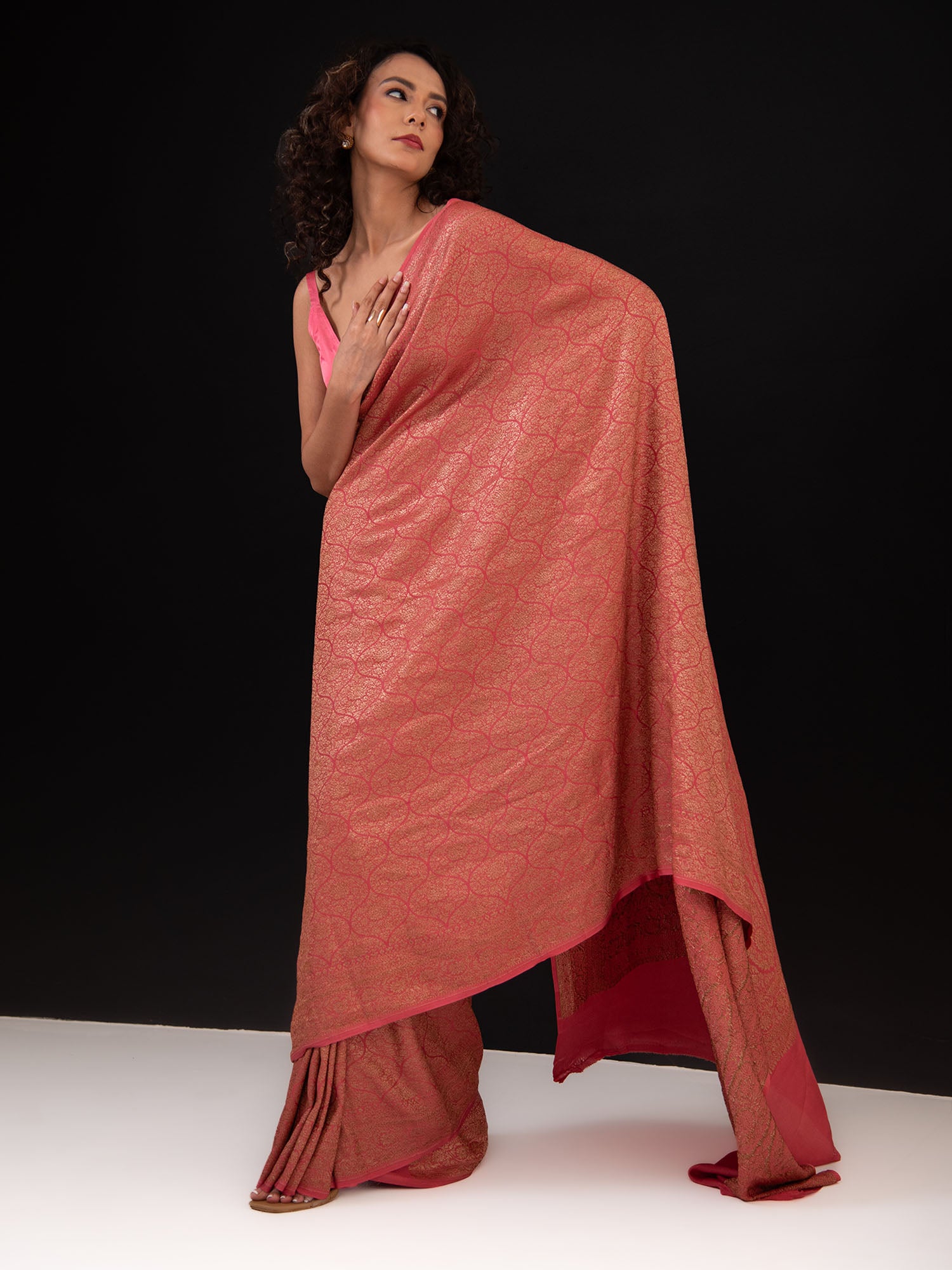 Pastel Pink Jaal Crepe Silk Handloom Banarasi Saree - Sacred Weaves