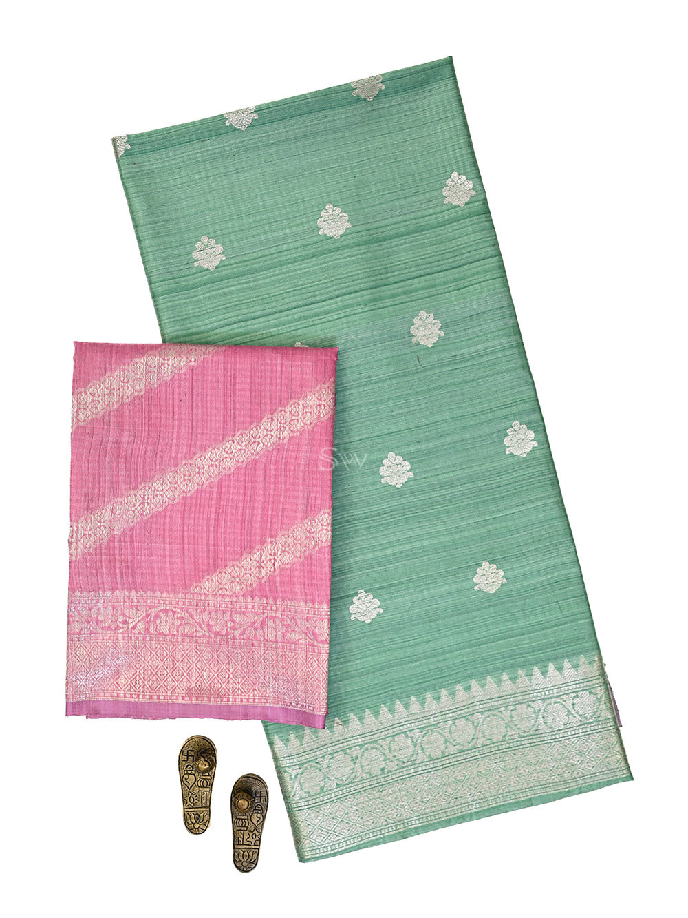 Sea Green Booti Dupion Silk Handloom Banarasi Suit - Sacred Weaves