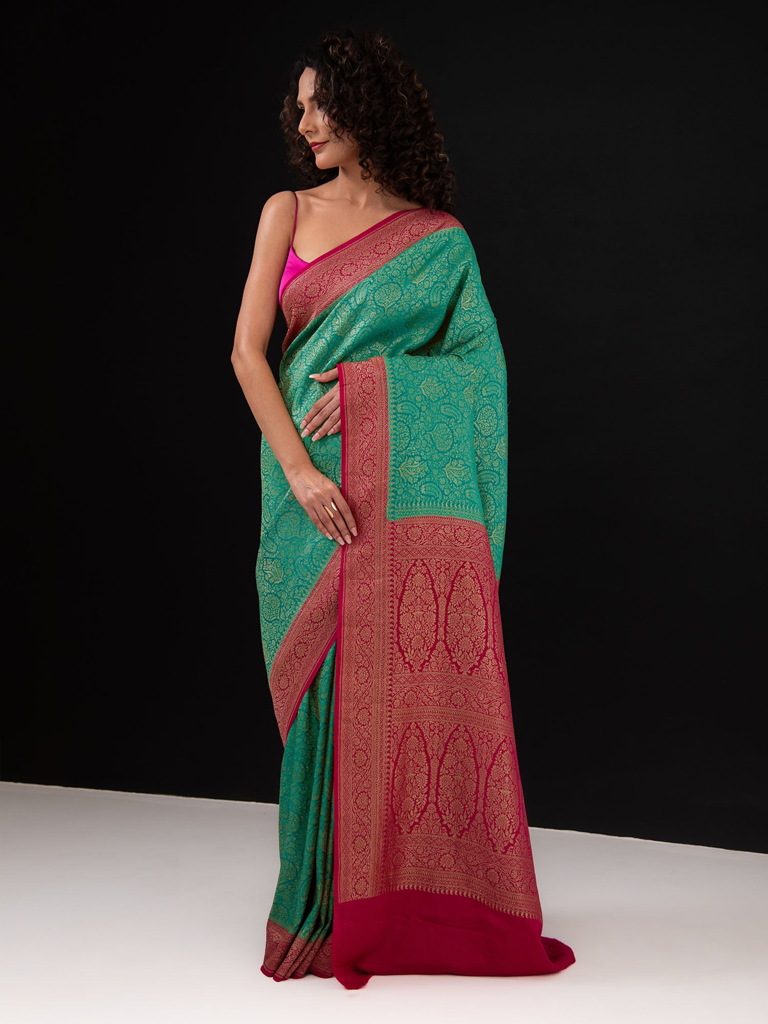 Turquoise Jaal Crepe Silk Handloom Banarasi Saree - Sacred Weaves
