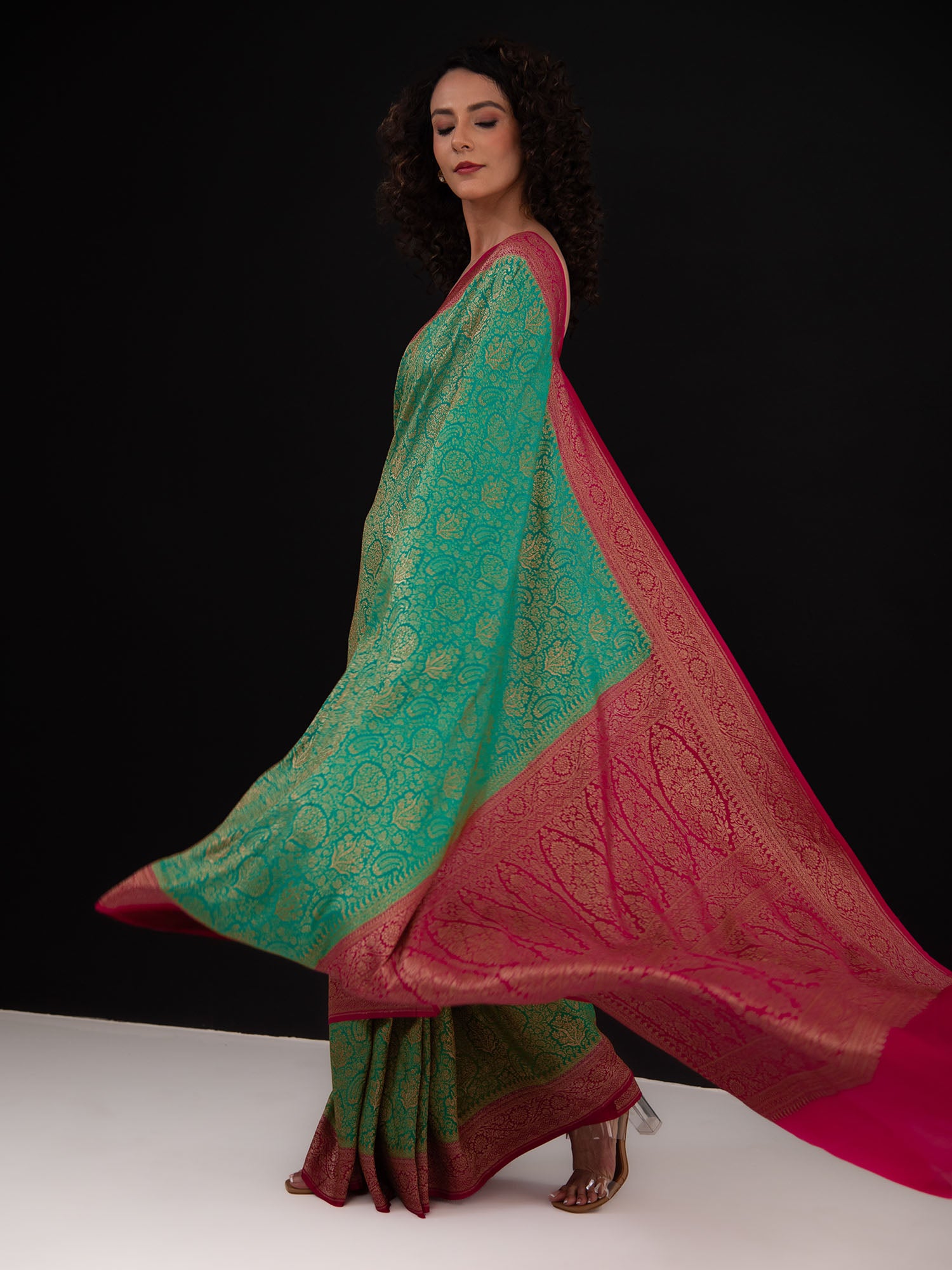 Turquoise Jaal Crepe Silk Handloom Banarasi Saree - Sacred Weaves