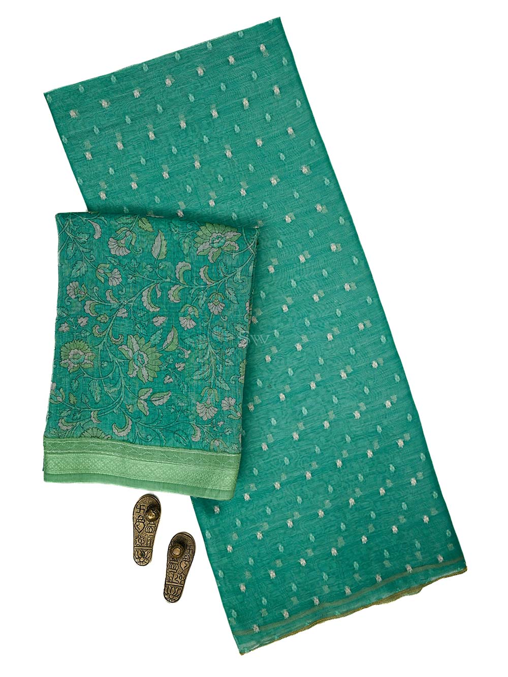 Sea Green Booti Cotton Silk Handloom Banarasi Suit - Sacred Weaves