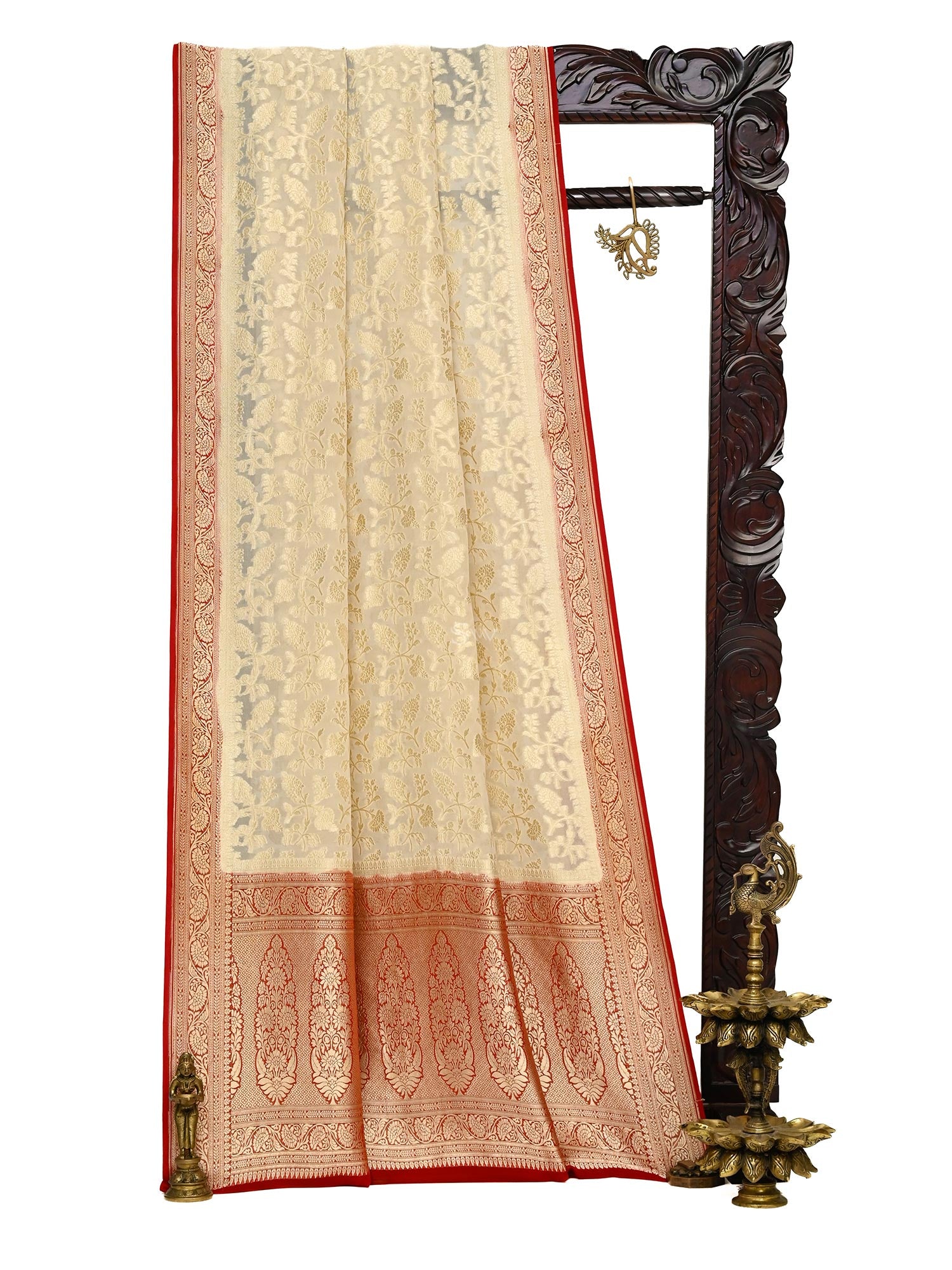 Beige Jaal Khaddi Georgette Handloom Banarasi Saree - Sacred Weaves