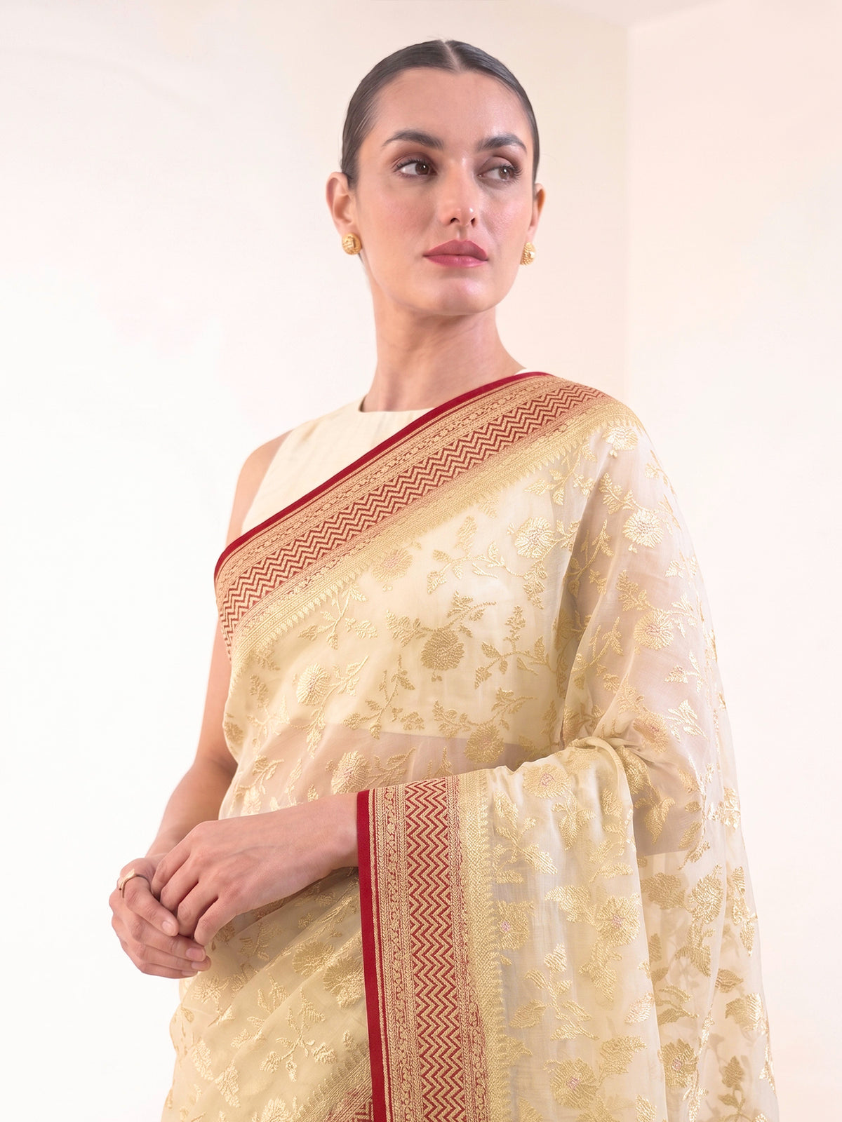 Cream Jaal Khaddi Georgette Handloom Banarasi Saree - Sacred Weaves