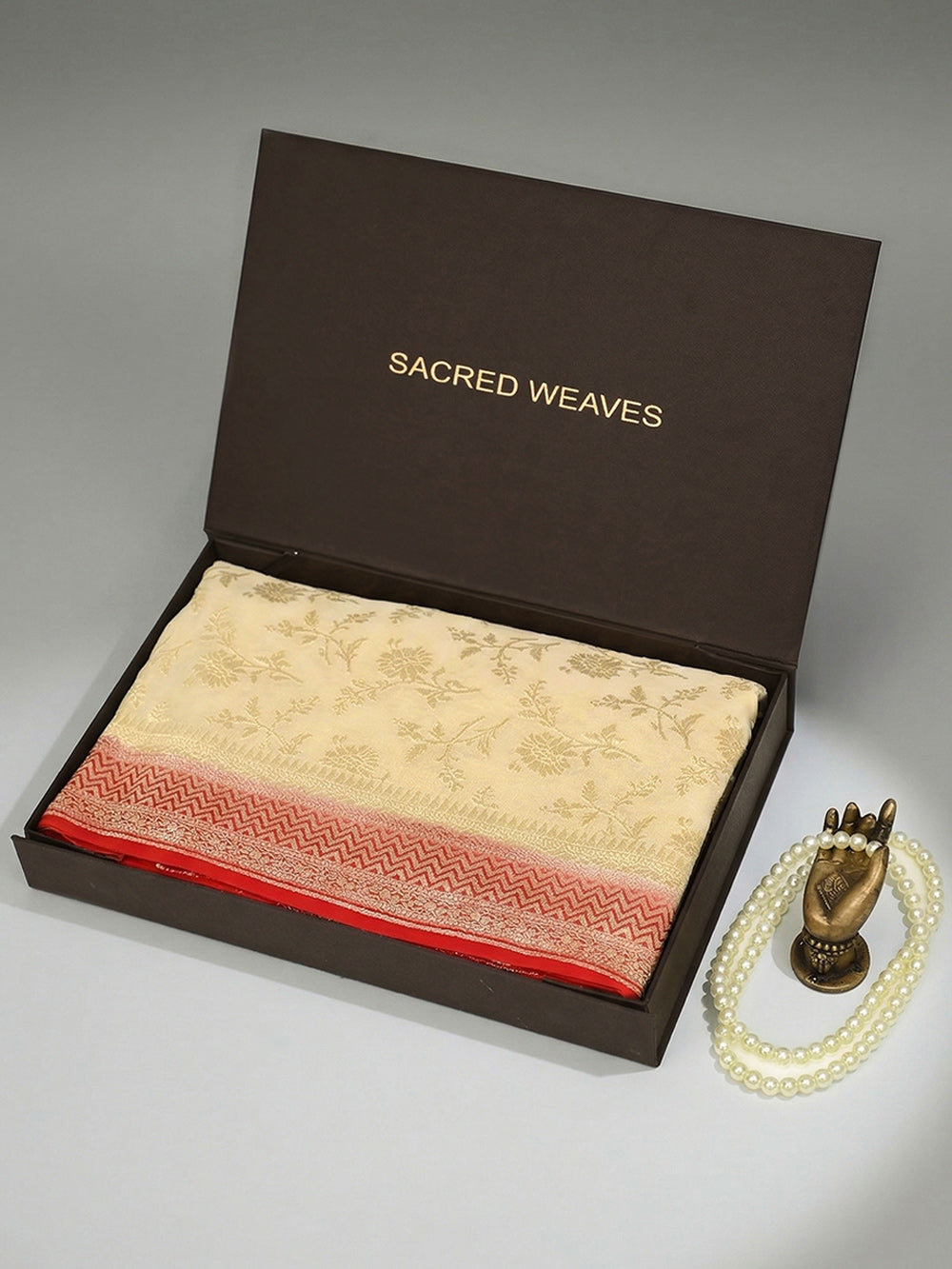 Cream Jaal Khaddi Georgette Handloom Banarasi Saree - Sacred Weaves