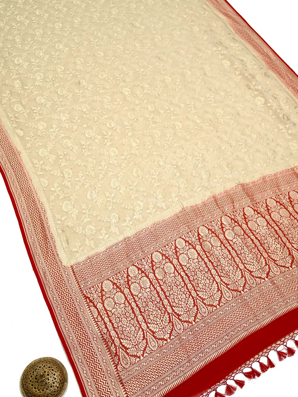 Cream Jaal Khaddi Georgette Handloom Banarasi Saree - Sacred Weaves