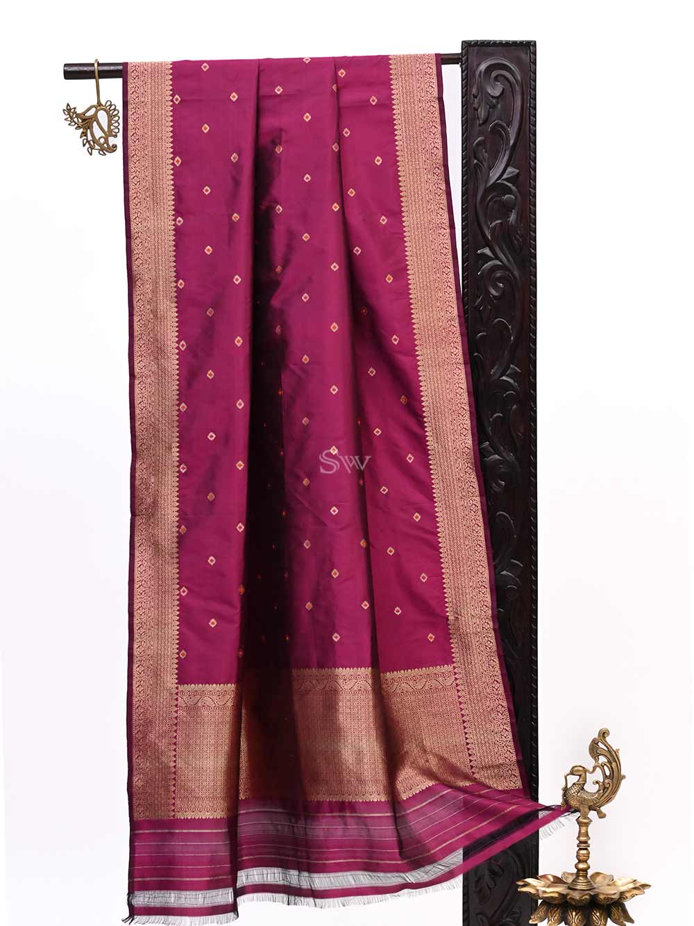 Dark Magenta Meenakari Katan Silk Handloom Banarasi Dupatta - Sacred Weaves