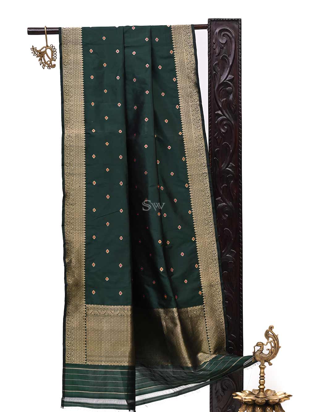 Dark Green Meenakari Katan Silk Handloom Banarasi Dupatta - Sacred Weaves