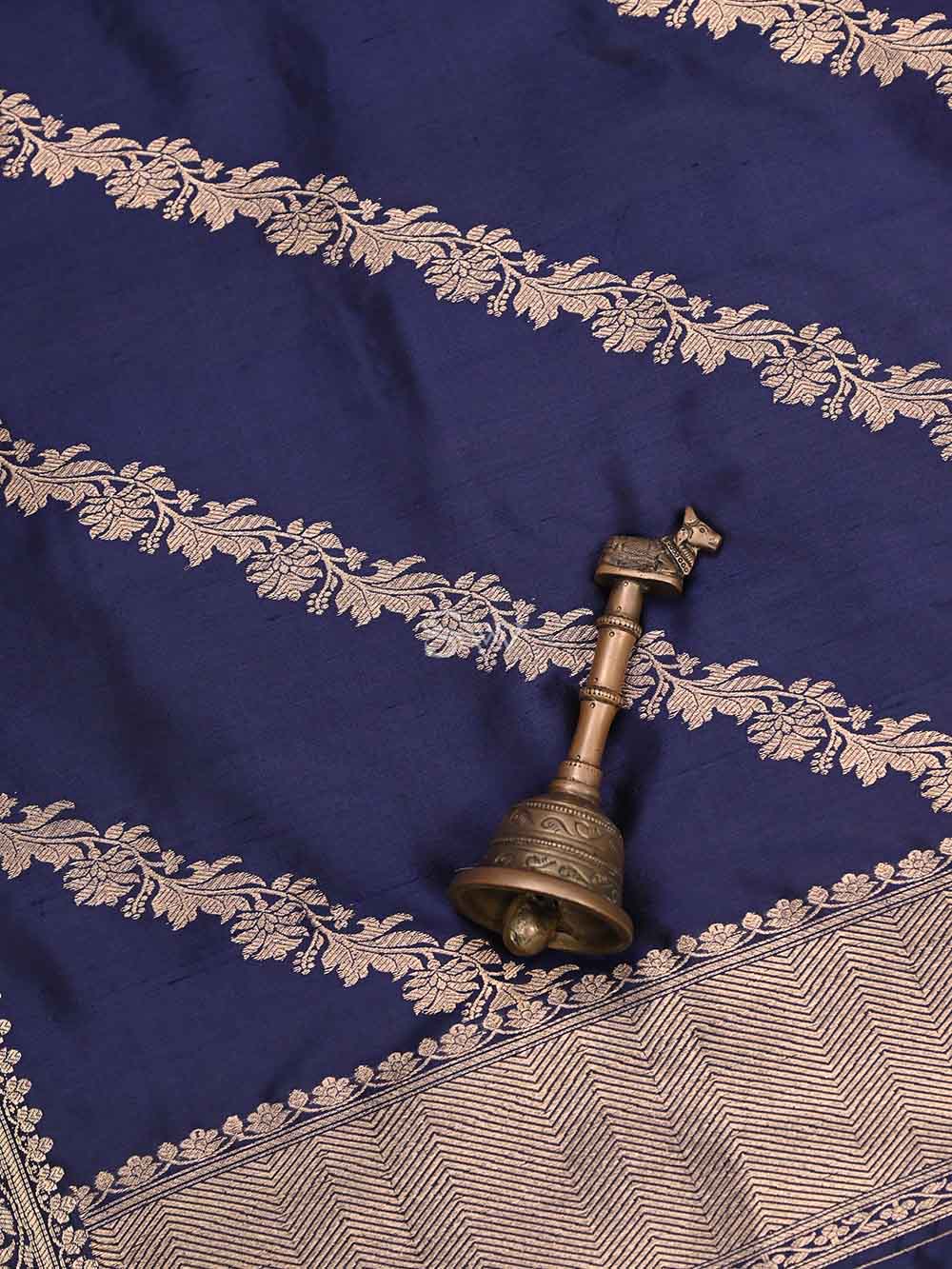 Navy Blue Leheriya Katan Silk Handloom Banarasi Dupatta - Sacred Weaves