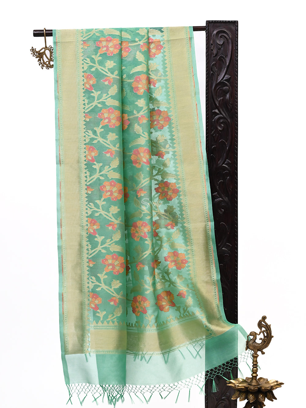 Sea Green Organza Handloom Banarasi Dupatta - Sacred Weaves