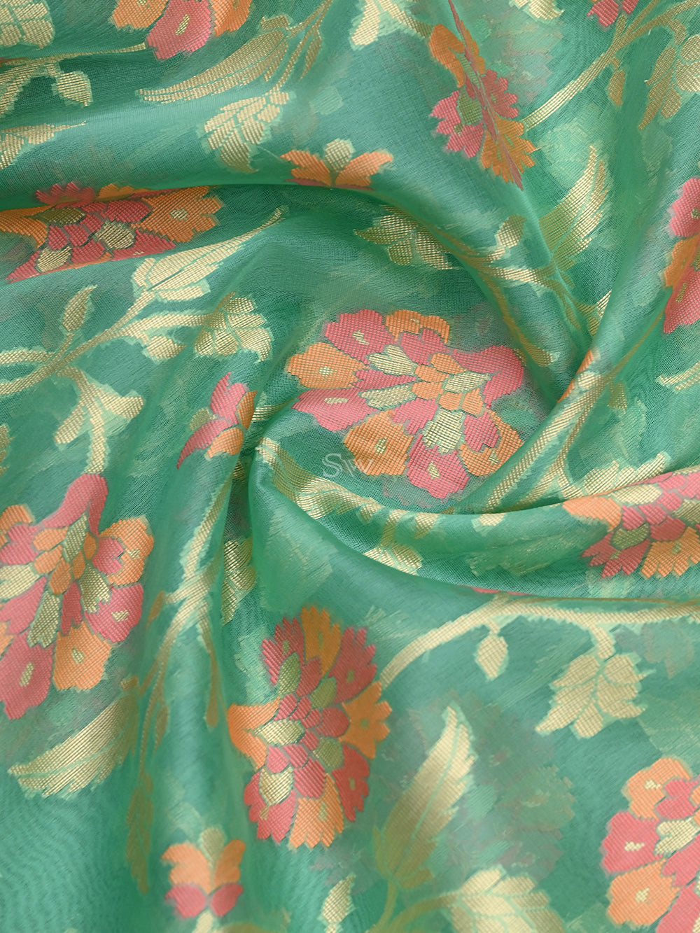 Sea Green Organza Handloom Banarasi Dupatta - Sacred Weaves