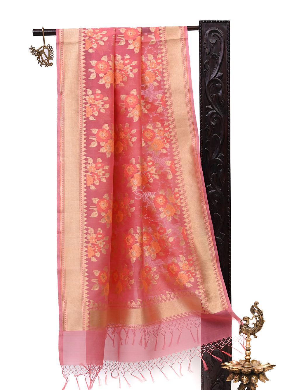 Coral Pink Organza Handloom Banarasi Dupatta - Sacred Weaves