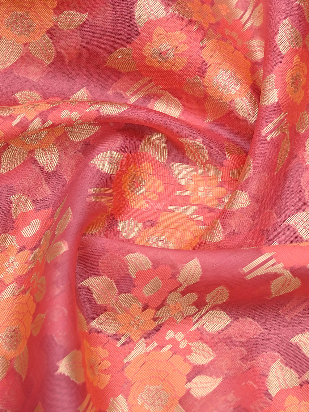 Coral Pink Organza Handloom Banarasi Dupatta - Sacred Weaves