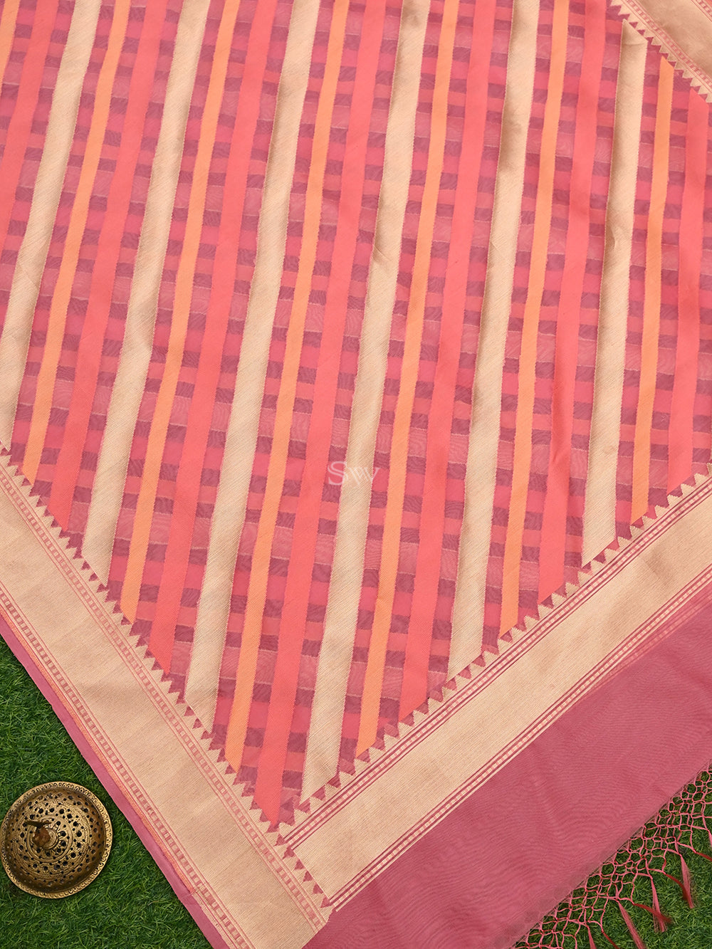 Coral Pink Rangkat Organza Handloom Banarasi Dupatta - Sacred Weaves