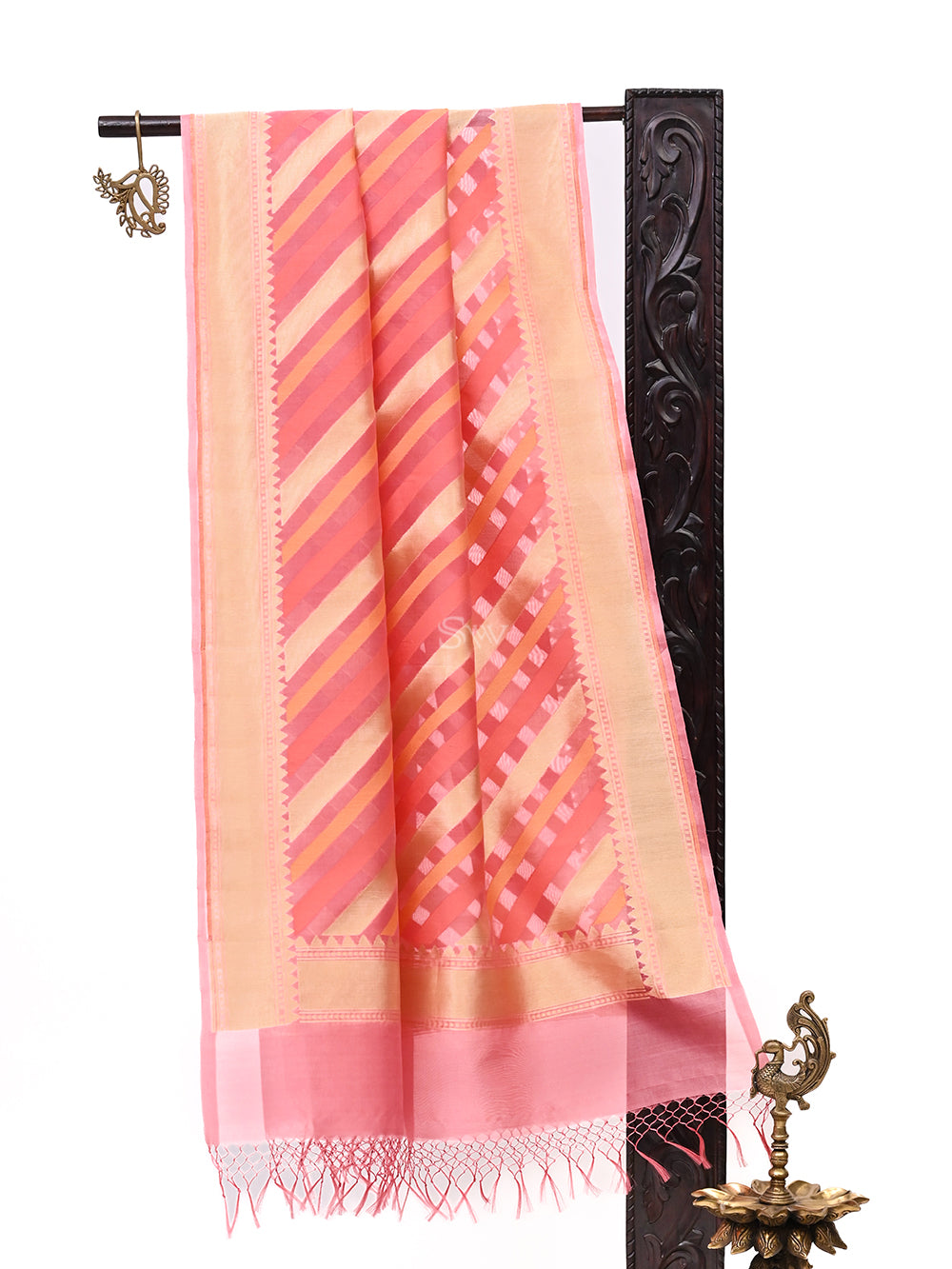 Coral Pink Rangkat Organza Handloom Banarasi Dupatta - Sacred Weaves