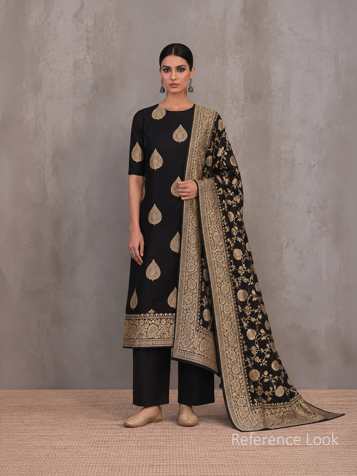 Black Floral Booti Satin Silk Handloom Banarasi Suit - Sacred Weaves