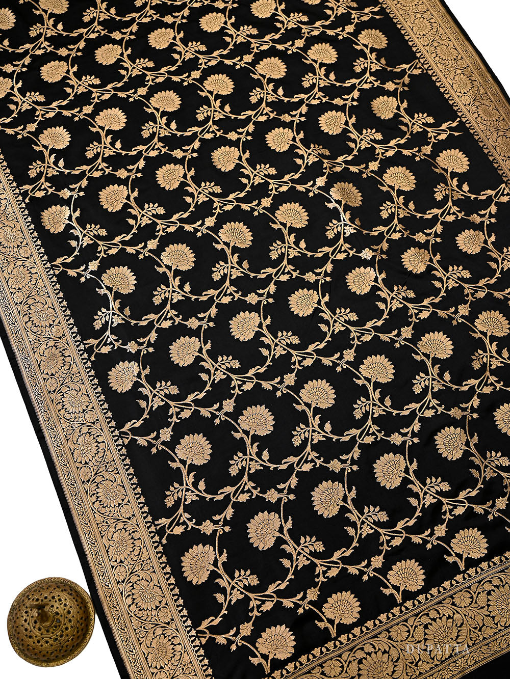 Black Floral Booti Satin Silk Handloom Banarasi Suit - Sacred Weaves