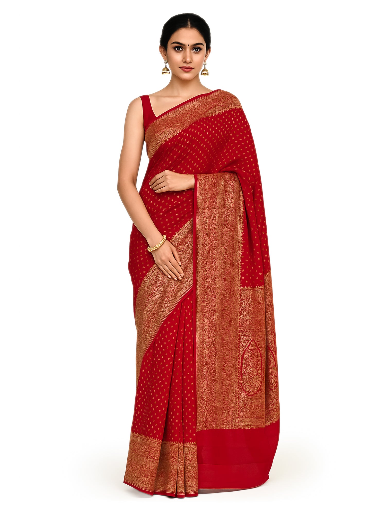 Red Booti Crepe Silk Handloom Banarasi Saree - Sacred Weaves