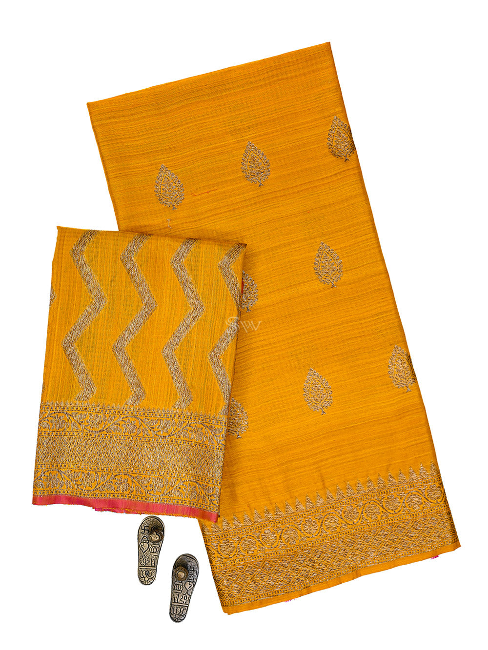 Mustard Booti Dupion Silk Handloom Banarasi Suit - Sacred Weaves