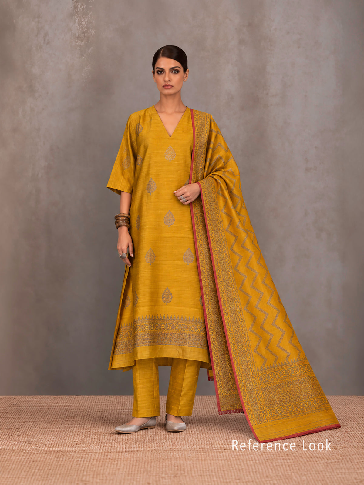 Mustard Booti Dupion Silk Handloom Banarasi Suit - Sacred Weaves