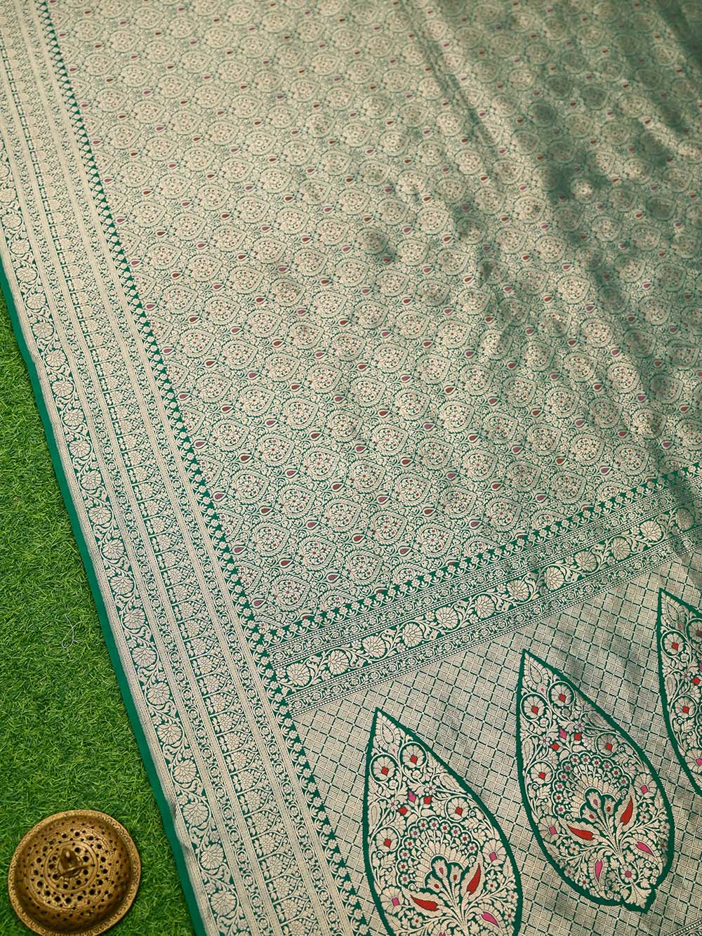 Bottle Green Meenakari Silk Brocade Handloom Banarasi Saree - Sacred Weaves