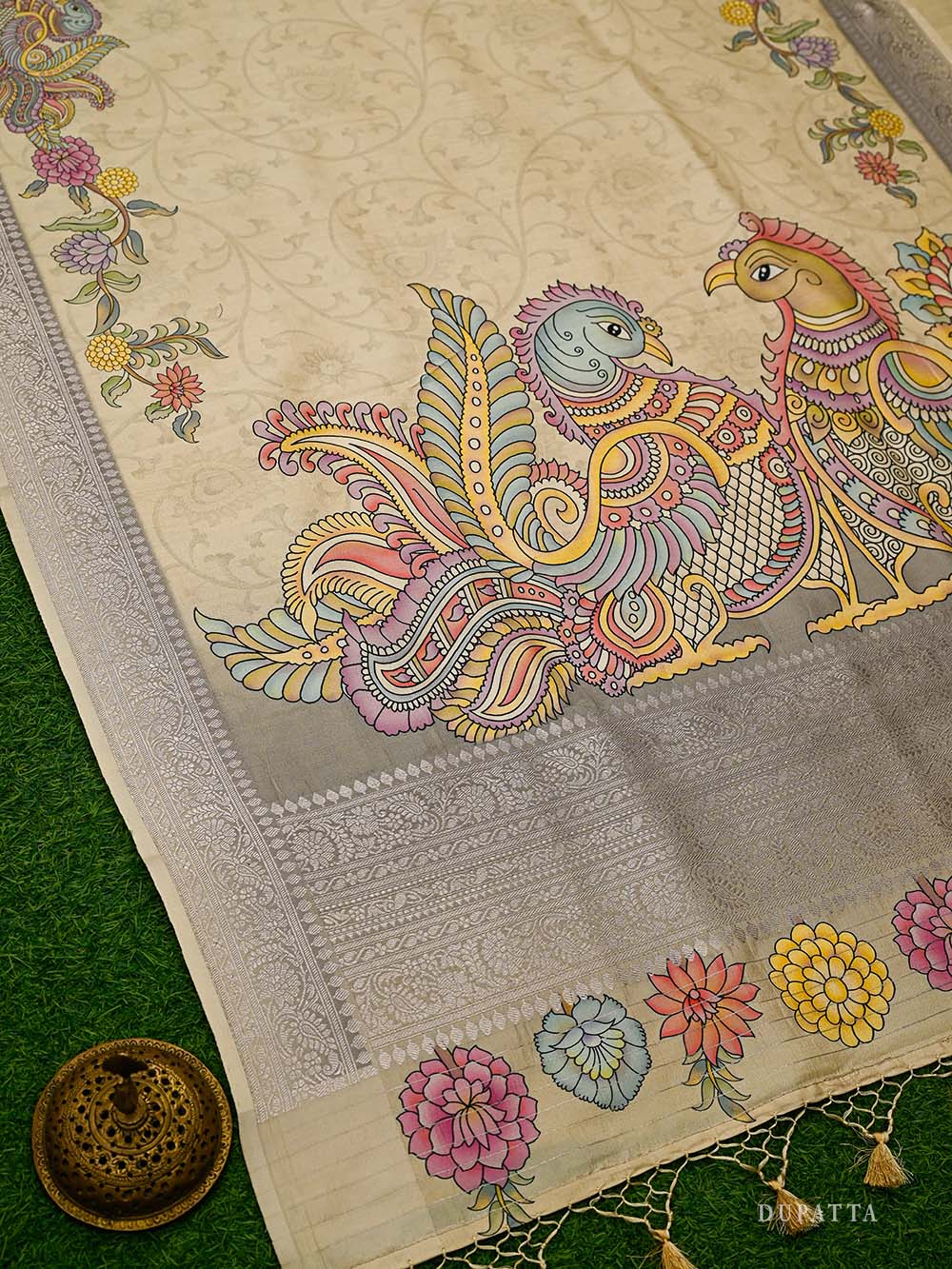 Beige Booti Moonga Tussar Silk Handloom Banarasi Suit - Sacred Weaves