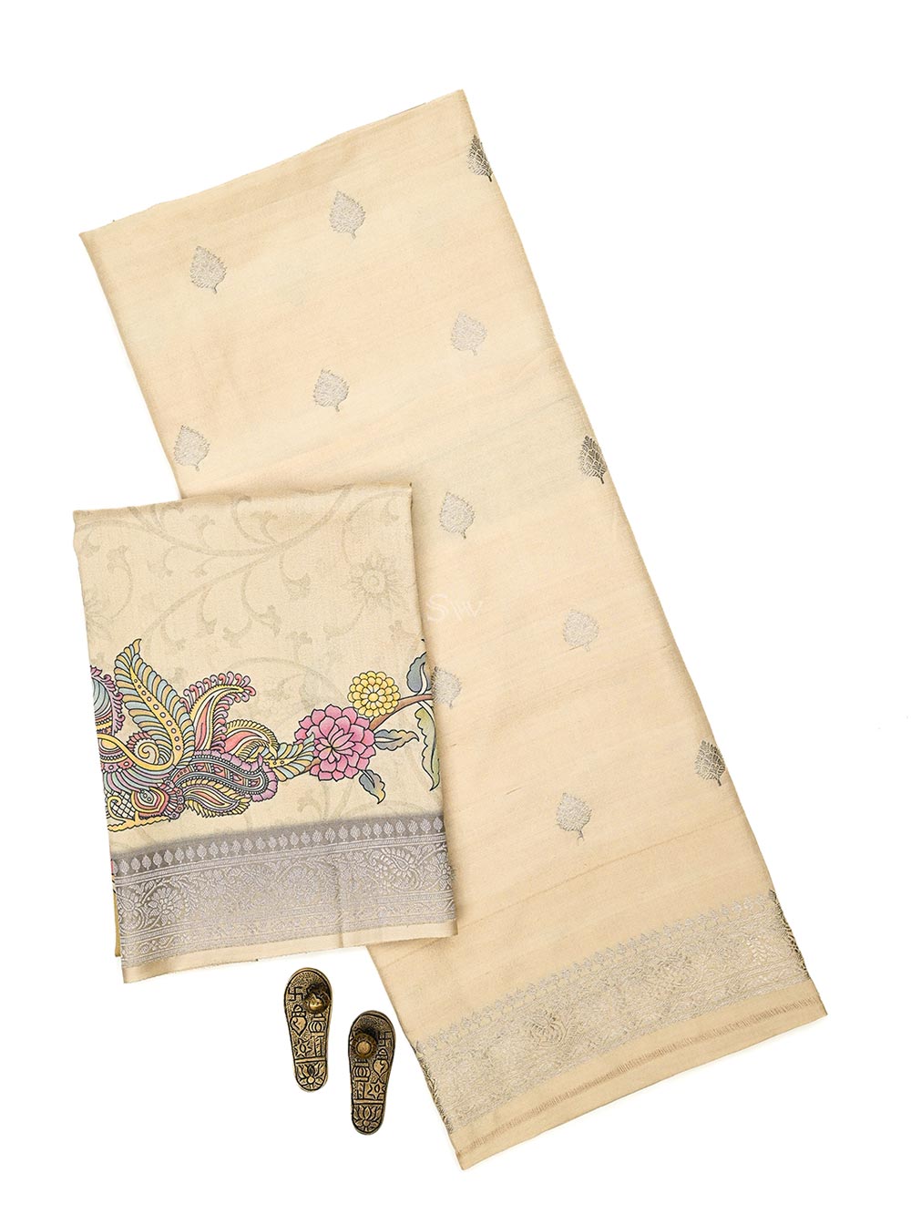 Beige Booti Moonga Tussar Silk Handloom Banarasi Suit - Sacred Weaves