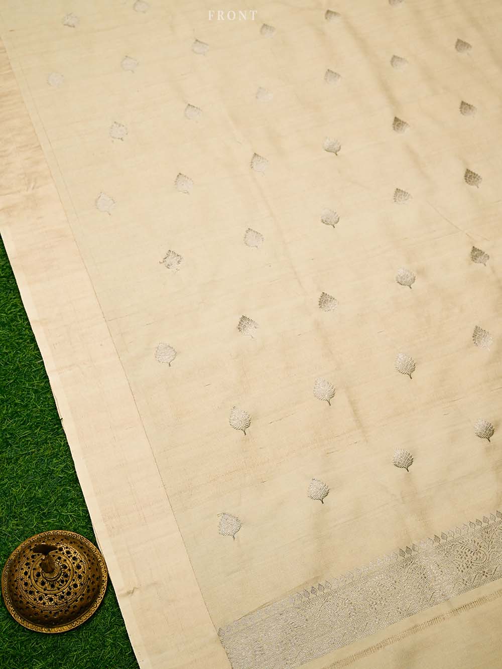 Beige Booti Moonga Tussar Silk Handloom Banarasi Suit - Sacred Weaves