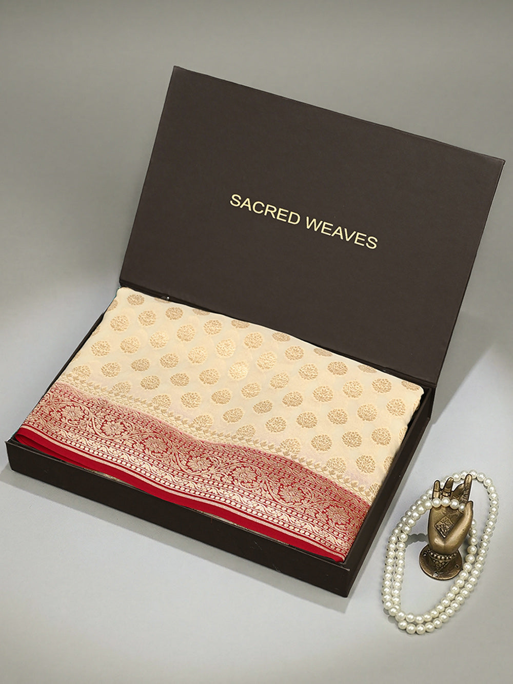 Cream Booti Khaddi Georgette Handloom Banarasi Saree - Sacred Weaves