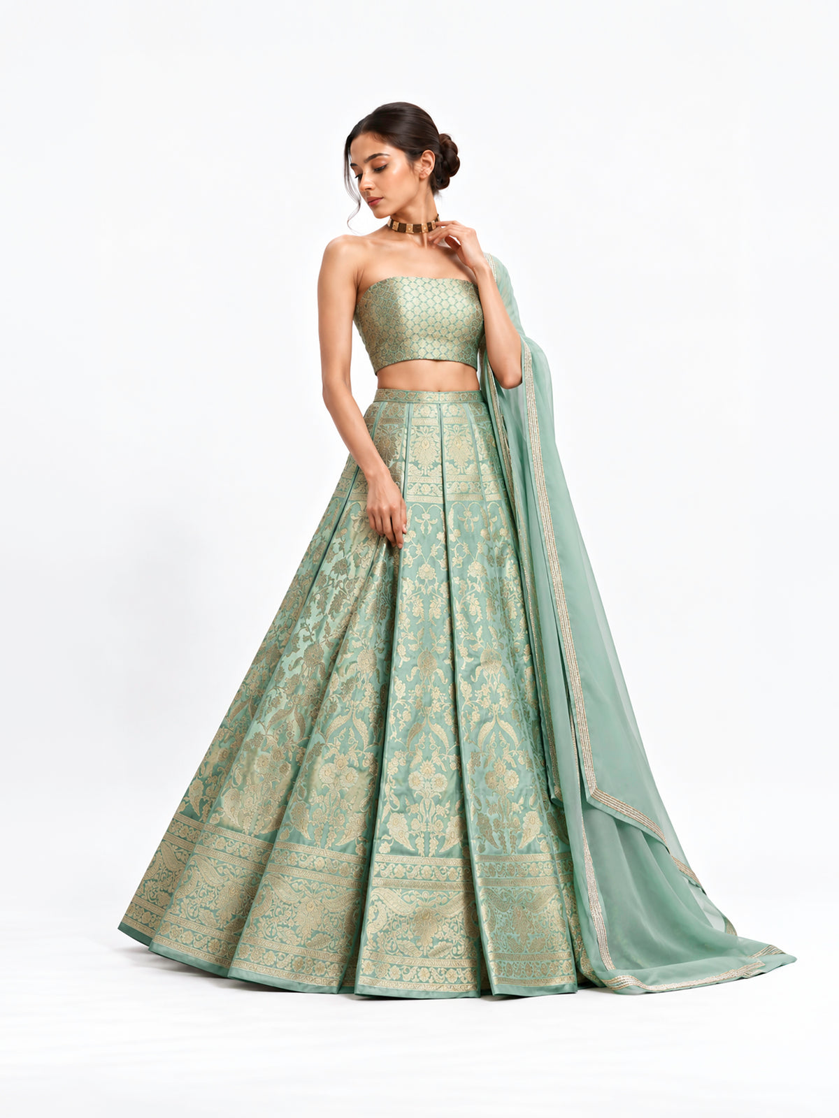 Mint Green Silk Handloom Banarasi Lehenga - Sacred Weaves