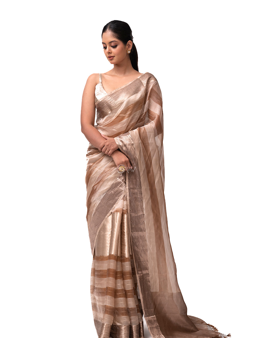 Pastel Peach Rangkat Tissue Handloom Banarasi Saree - Sacred Weaves
