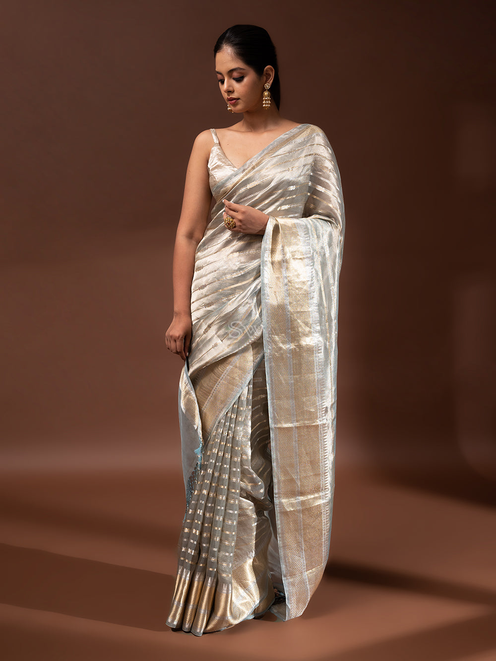 Bluish Grey Tissue Handloom Banarasi Saree - Sacred Weaves