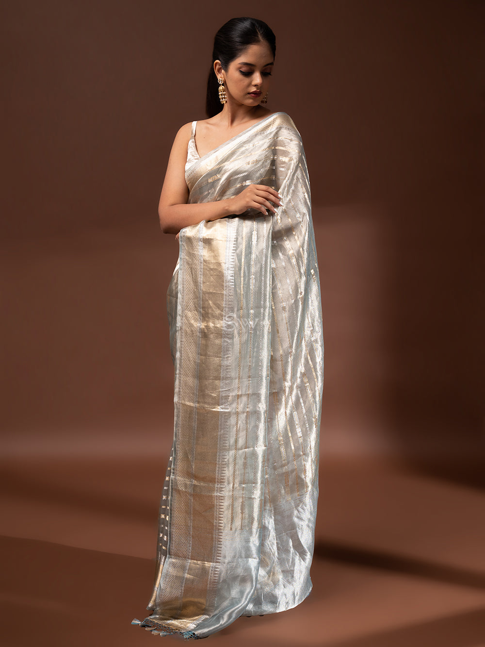 Bluish Grey Tissue Handloom Banarasi Saree - Sacred Weaves