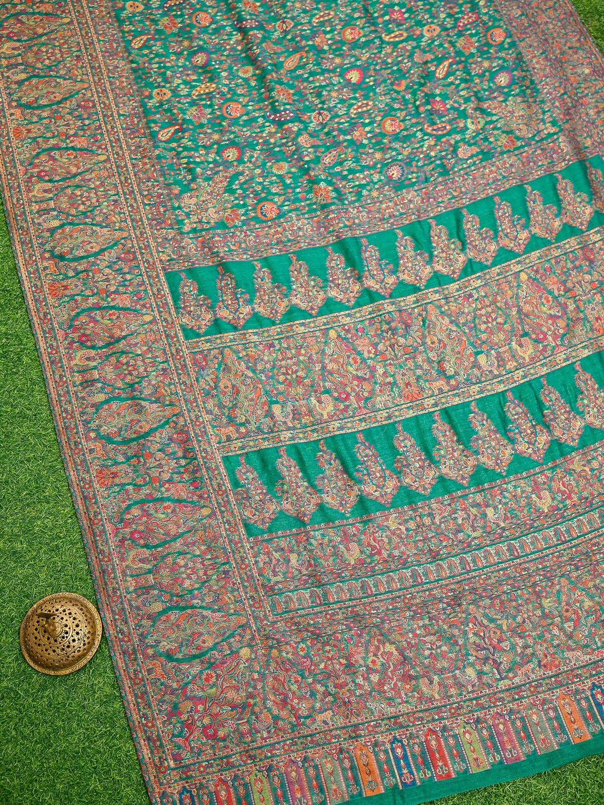 Teal Green Jaal Pashmina Moonga Silk Handloom Banarasi Saree
