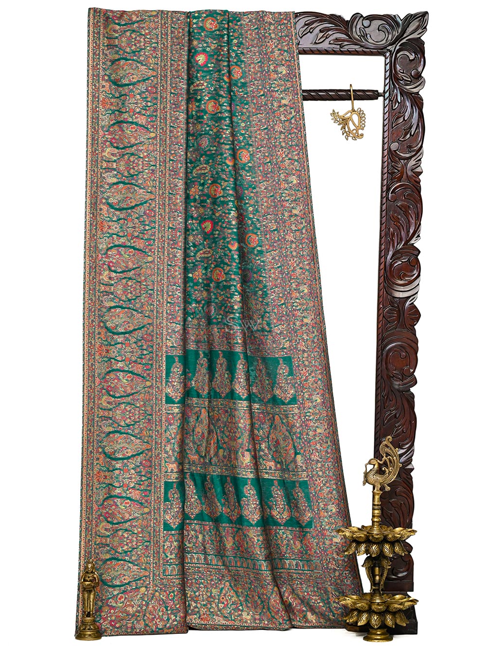 Teal Green Jaal Pashmina Moonga Silk Handloom Banarasi Saree