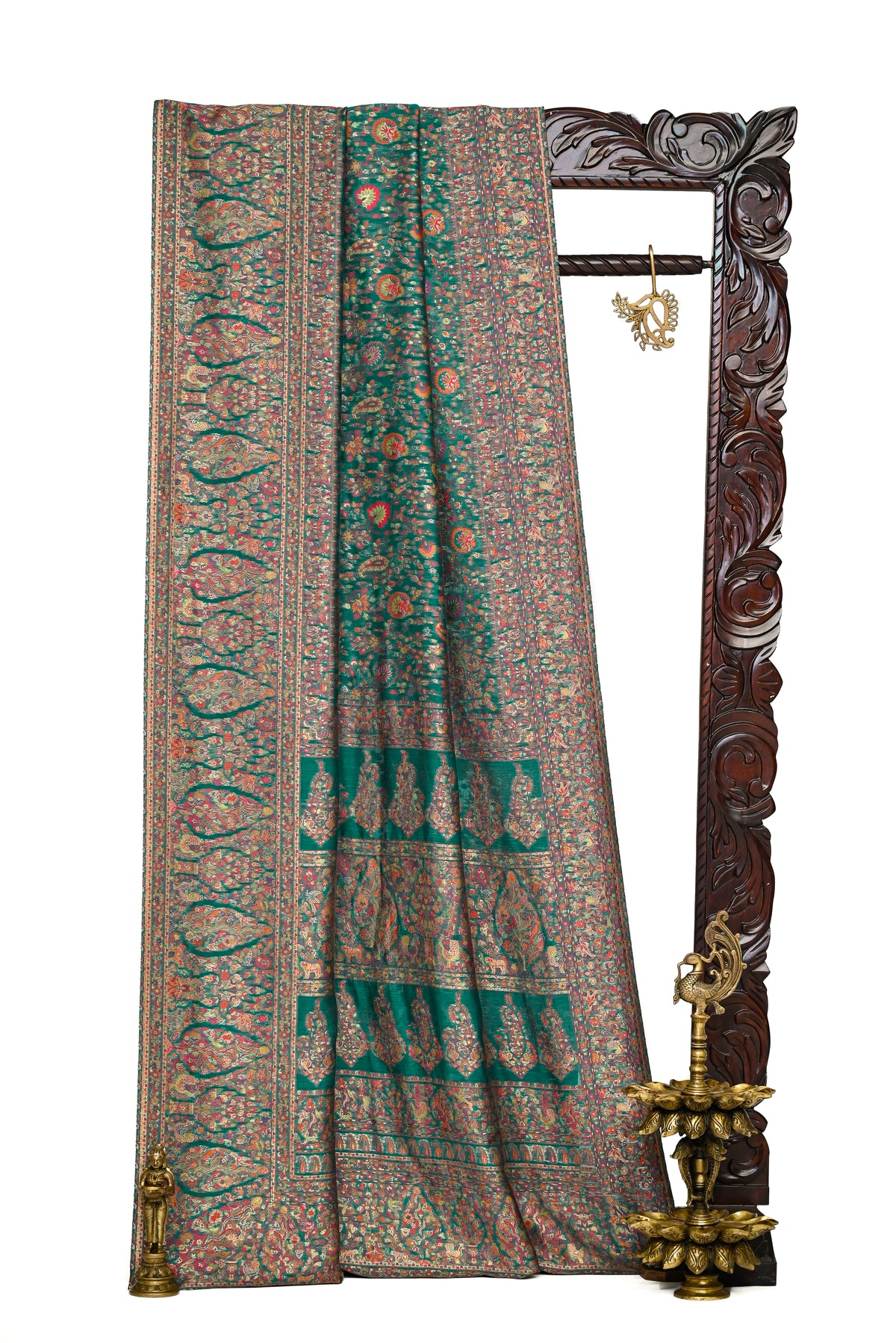 Teal Green Jaal Pashmina Moonga Silk Handloom Banarasi Saree