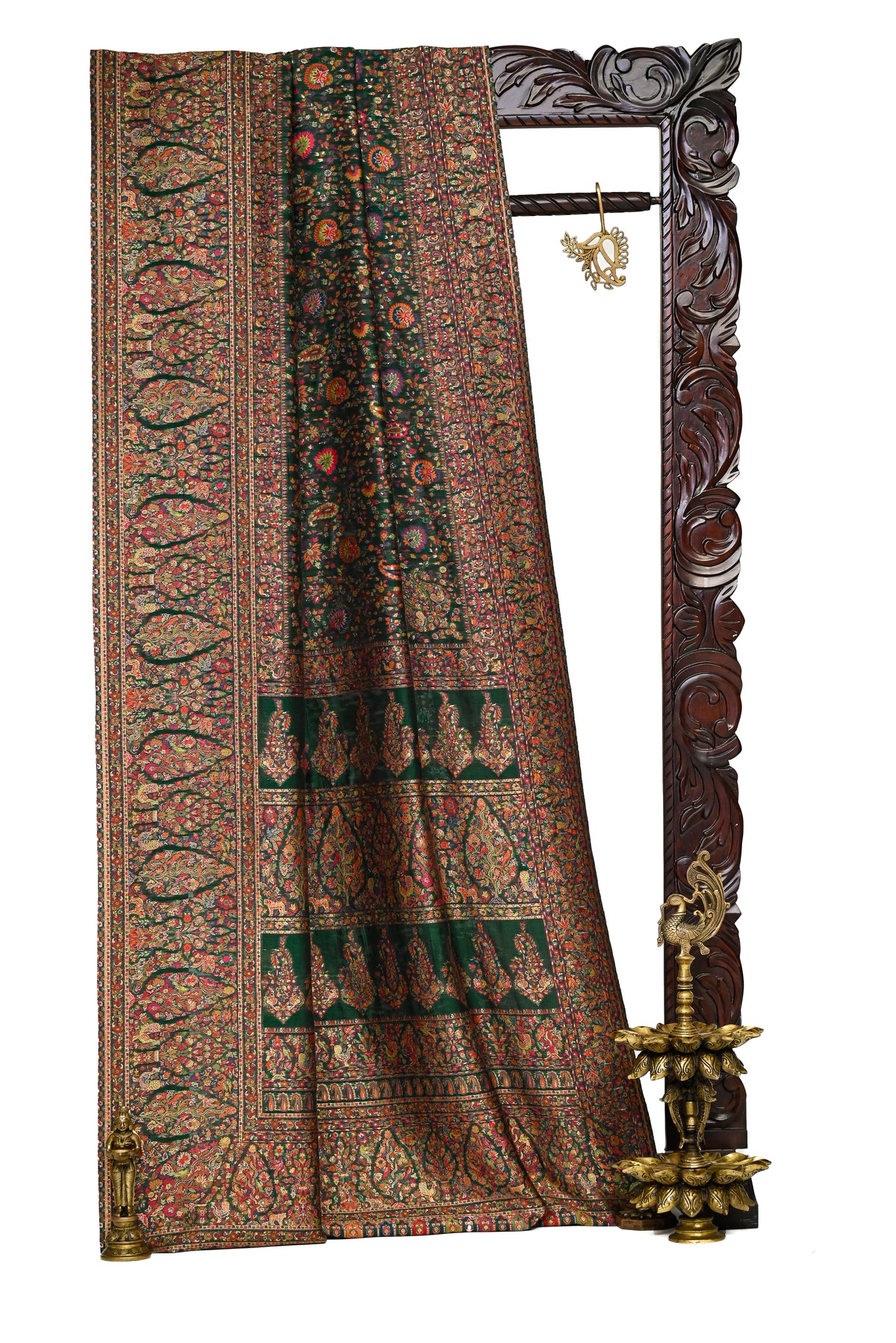 Bottle Green Jaal Pashmina Moonga Silk Handloom Banarasi Saree