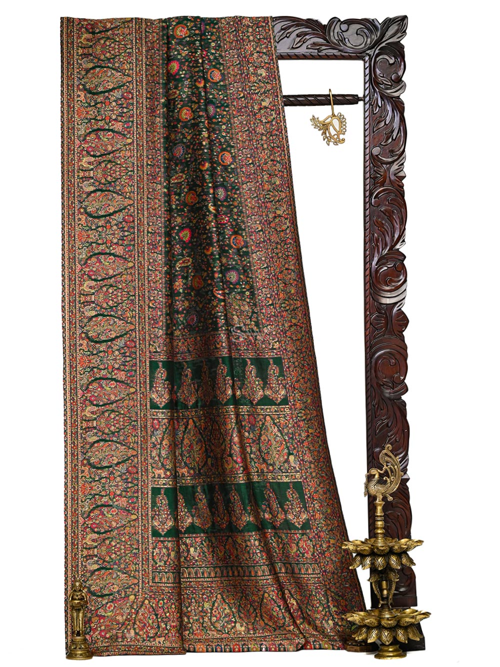 Bottle Green Jaal Pashmina Moonga Silk Handloom Banarasi Saree