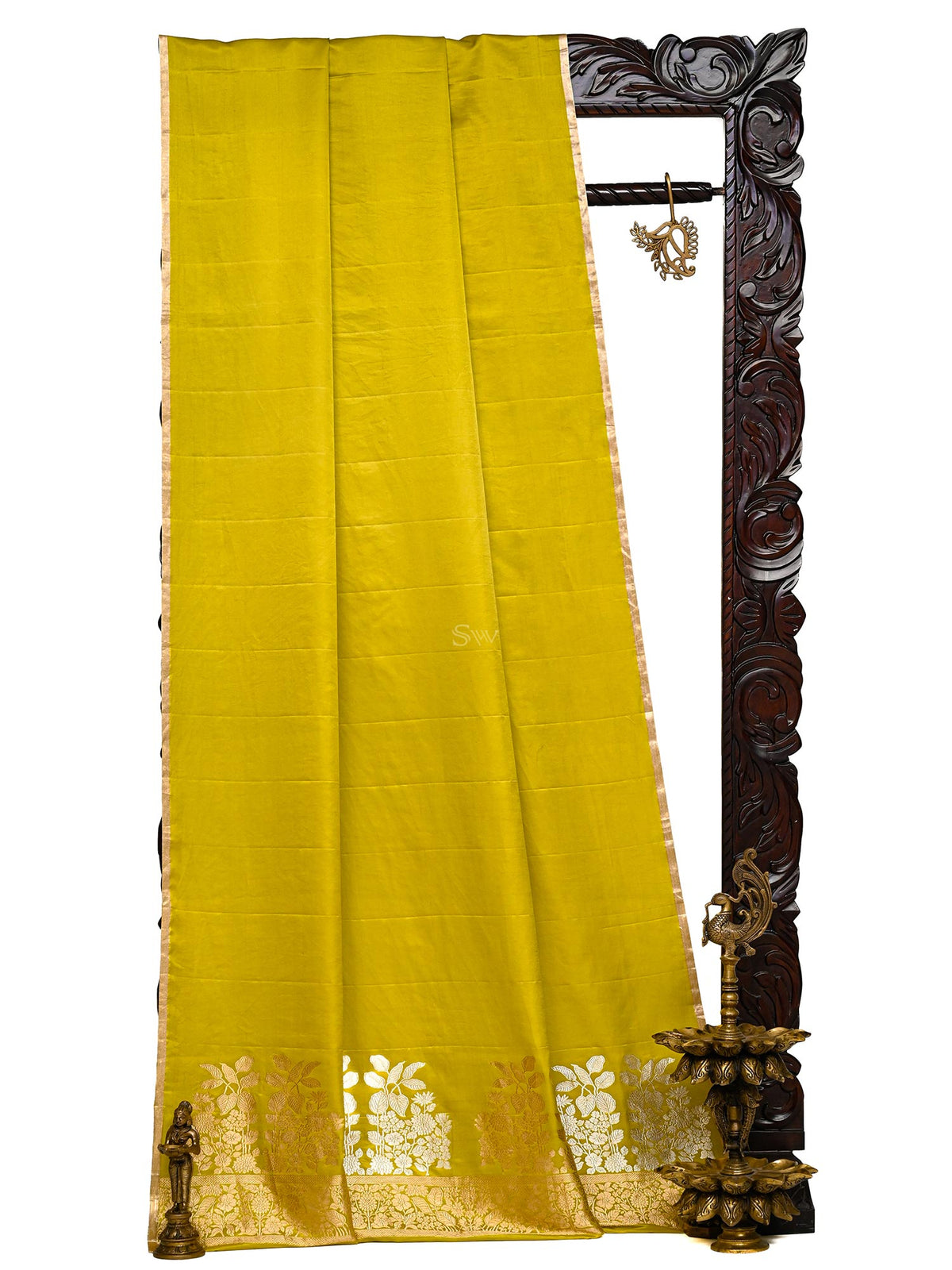 Lime Yellow Plain Satin Silk Handloom Banarasi Saree