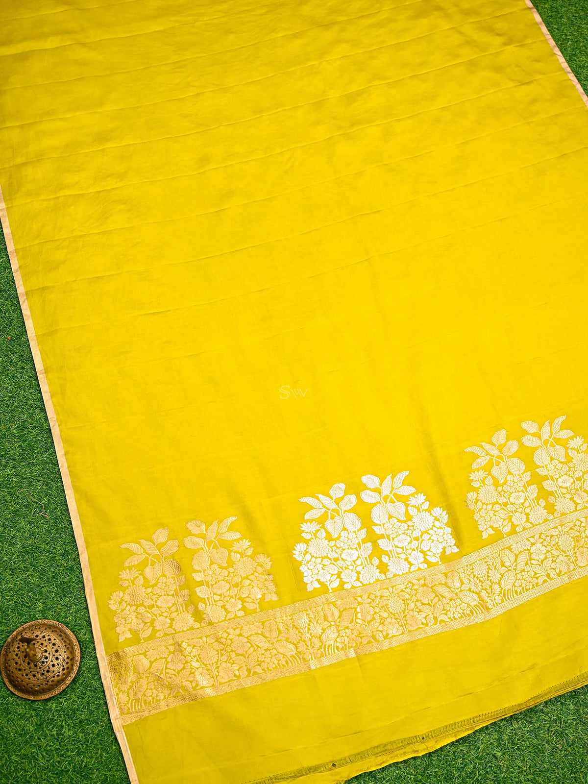 Lime Yellow Plain Satin Silk Handloom Banarasi Saree