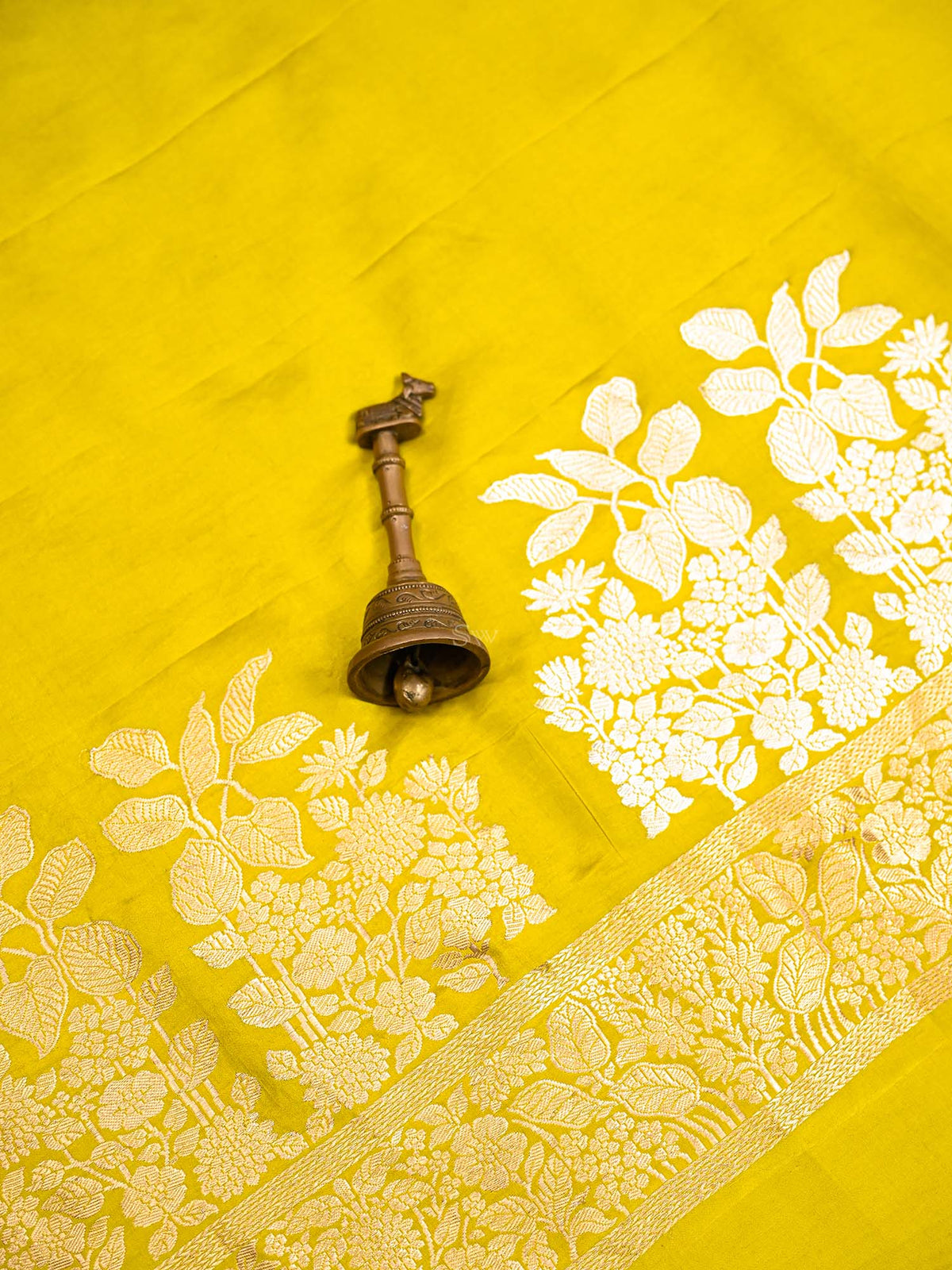 Lime Yellow Plain Satin Silk Handloom Banarasi Saree