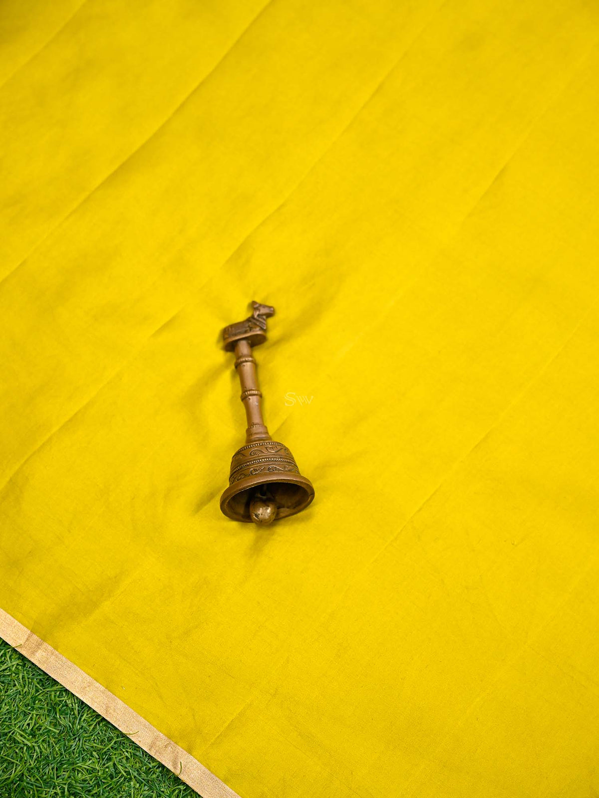 Lime Yellow Plain Satin Silk Handloom Banarasi Saree